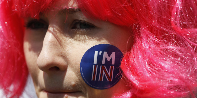A woman with a sticker of her face attends a 'March for Europe' demonstration against Britain's decision to leave the European Union, in central London, Britain July 2, 2016. Britain voted to leave the European Union in the EU Brexit referendum. REUTERS/Tom Jacobs