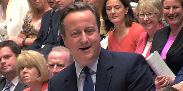 In this grab taken from video British Prime Minister David Cameron, centre, smiles, during his final session of prime minister's questions at the House of Commons, in London, Wednesday, July 13 2016. He joked that his afternoon schedule "will be light" after he steps down following a brief visit with Queen Elizabeth II. Cameron will tell the queen at Buckingham Palace he is resigning and suggest that Home Secretary Theresa May has the support to become prime minister. (Parliamentary Recording Unit via Associated Press Video) TV OUT - NO ARCHIVE