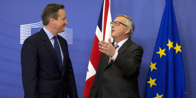 FILE - In this Jan. 29, 2016 file photo, British Prime Minister David Cameron, left, speaks with European Commission President Jean-Claude Juncker at EU headquarters in Brussels. While Juncker has been a advocate of cutting red tape, for many in Britain any rule from Brussels will always be one too many. Railing for years against overly intrusion into daily life with myriad, petty rules, the British have made red tape and regulation a theme in the referendum campaign. (AP Photo/Virginia Mayo, File)