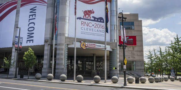 CLEVELAND, OH - JULY 11: Quicken Loans Arena is decorated to welcome the Republican National Convention on July 11, 2016 in Cleveland, Ohio. The convention will be held at the arena July 18-21, 2016. (Photo by Angelo Merendino/Getty Images)
