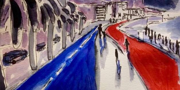 Ein Gemälde eines Lesers der Zeitung "Le Monde" malt die Promenade von Nizza.