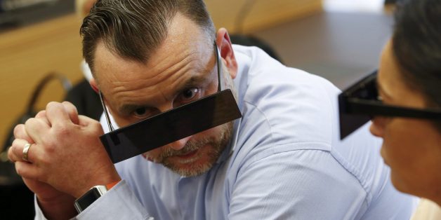 Lutz Bachmann, founder of Germany's xenophobic and anti-Islamic PEGIDA movement (Patriotic Europeans Against the Islamisation of the Occident), has his eyes covered as if pixelized by media in a courtroom on April 19, 2016 in Dresden, eastern Germany, at the start of his trial.Lutz Bachmann has to appear in court on hate speech charges for branding refugees 'cattle' and 'scum' on social media. He was charged in October 2015 with inciting racial hatred through a series of widely-shared Facebook p
