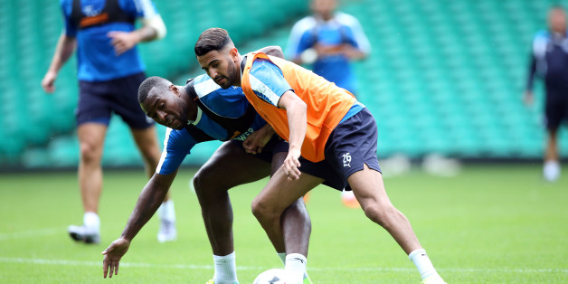 GLASGOW, SCOTLAND - JULY 22: Riyad Mahrez battles Wes Morgan during the Leicester City Training and Press Conference at Celtic Park on July 22 , 2016 in Glasgow, United Kingdom. (Photo by Plumb Images/Leicester City FC via Getty Images)