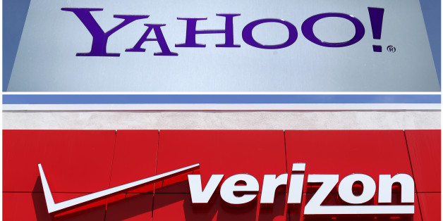 A combination photo shows Yahoo logo in Rolle, Switzerland (top) in 2012 and a Verizon sign at a retail store in San Diego, California, U.S. In 2016. REUTERS/File Photos