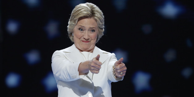 Democratic presidential nominee Hillary Clinton gives two thumbs up as she arrives to accept the nomination on the fourth and final night at the Democratic National Convention in Philadelphia, Pennsylvania, U.S. July 28, 2016. REUTERS/Mark Kauzlarich
