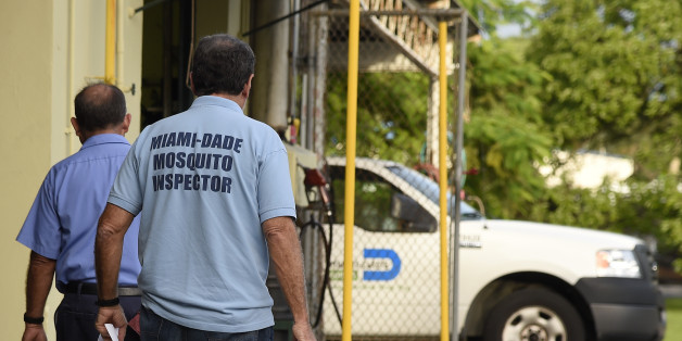 Miami-Dade mosquito control workers prepare to search homes for the Aedes aegypti mosquito in Miami, Florida, on June 08, 2016.
Of the forty different types of mosquito found in Miami -Dade the Aedes aegypti mosquito or yellow fever mosquito is responsible for transmitting diseases such as the Zika Virus. / AFP / RHONA WISE / TO GO WITH AFP STORY by Leila MACOR, 'Florida health warriors deploy in war on Zika' (Photo credit should read RHONA WISE/AFP/Getty Images)