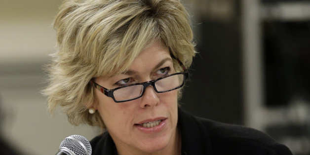 Florida State Board of Education member Sally Bradshaw, gestures as she interviews finalists for the Commissioner of Education Tuesday, Dec. 11, 2012, in Tampa, Fla. (AP Photo/Chris O'Meara)