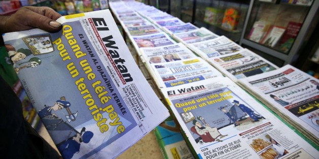El Watan newspaper title on the closure of the El Watan TV more chain broadcasting on that channel in an interview Madani Mezrag, former head of the Islamic Army of salvation (AIS), the armed wing of the Islamic Front of salvation (FIS) and the order of the Ministry of Communications, in Algiers, Algeria, on October 13, 2015. (Photo by Billal Bensalem/NurPhoto) (Photo by NurPhoto/NurPhoto via Getty Images)