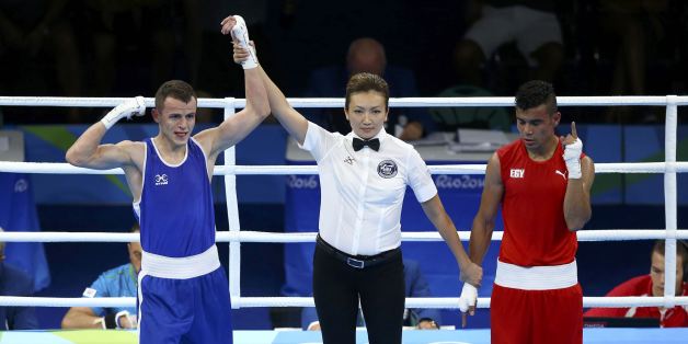 2016 Rio Olympics - Boxing - Preliminary - Men's Light (60kg) Round of 32 Bout 21 - Riocentro - Pavilion 6 - Rio de Janeiro, Brazil - 07/08/2016. Reda Benbaziz (ALG) of Algeria reacts after winning his match against Mahmoud Abdelaal (EGY) of Egypt. REUTERS/ Peter Cziborra FOR EDITORIAL USE ONLY. NOT FOR SALE FOR MARKETING OR ADVERTISING CAMPAIGNS.