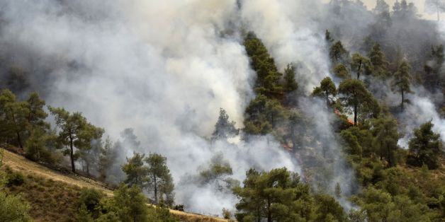 Smoke billows from a forest in the Cypriot village of Evrychou in the Troodos mountain area on June 20, 2016.
Aircraft from Britain and Greece have joined Cypriot firefighters in a battle to control some of the worst forest fires to have hit the island in years, officials said. A fireman died in hospital of injuries suffered when the truck he was driving plunged down a cliff at Solea, at the foothills of the Troodos mountains, police said.
/ AFP / GEORGIO PAPAPETROU (Photo credit should read GEORGIO PAPAPETROU/AFP/Getty Images)