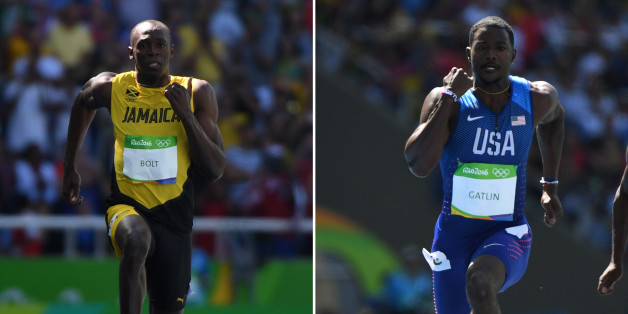 Les sprinteurs Usain Bolt et Justin Gatlin lors des séries du 100 m aux JO de Rio