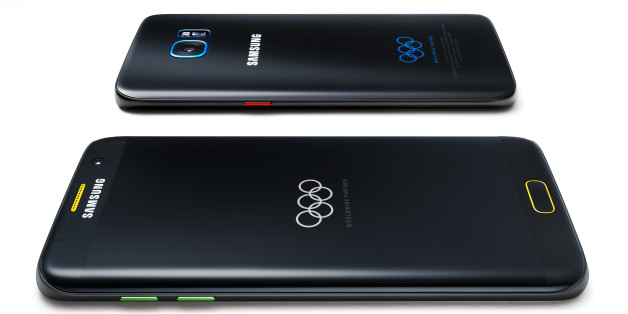 This undated product image provided by Samsung shows a special Olympic Games edition of its Galaxy S7 Edge phone. Samsung, an Olympic sponsor, plans to deliver the phone to 12,500 Olympians. The phone is branded with the Olympic rings and has Olympics-themed wallpapers loaded on the device. The company also made 2,016 of the Olympic phones for the public to buy in selected countries, including Brazil, the U.S. and South Korea. (Samsung via AP)