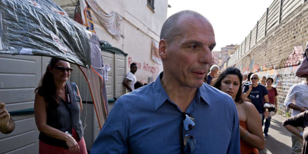 ROME, ITALY JUNE 23: Yaris Varoufakis and his movement DiEM25 and former Minister of Finance greek and economist, visited the tent city of the multiethnic center 'Baobab Experience' Via Cupa on june 23, 2016 in Rome, Italy. (Photo by Stefano Montesi/Corbis via Getty Images).