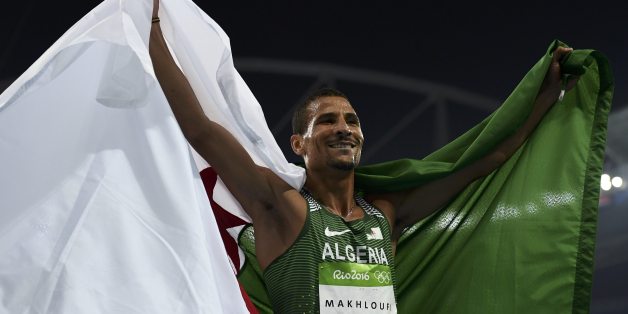 2016 Rio Olympics - Athletics - Final - Men's 800m Final - Olympic Stadium - Rio de Janeiro, Brazil - 15/08/2016. Second placed Taoufik Makhloufi (ALG) of Algeria celebrates. REUTERS/Dylan Martinez FOR EDITORIAL USE ONLY. NOT FOR SALE FOR MARKETING OR ADVERTISING CAMPAIGNS.