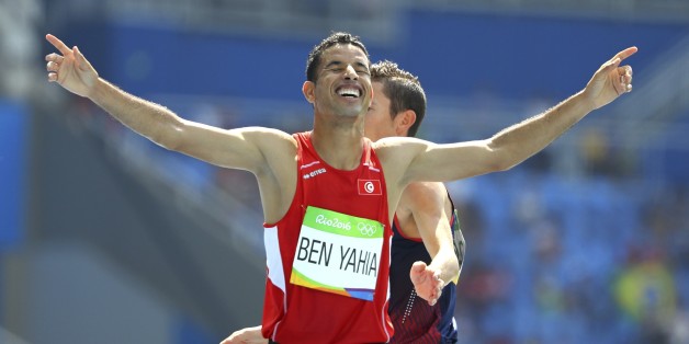 2016 Rio Olympics - Athletics - Preliminary - Men's 3000m Steeplechase Round 1 - Olympic Stadium - Rio de Janeiro, Brazil - 15/08/2016. Amor Ben Yahia (TUN) of Tunisia reacts REUTERS/Lucy Nicholson FOR EDITORIAL USE ONLY. NOT FOR SALE FOR MARKETING OR ADVERTISING CAMPAIGNS.
