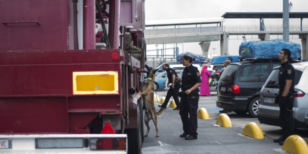 A sniffer dog spots migrants hiding in a fairground truck travelling from Spain's North African enclave of Melilla after the city's annual attractions fair in Melilla, Spain, September 7, 2015. Spanish police on Monday found 52 illegal migrants hiding in trucks carrying attractions from an annual funfair in the north African enclave of Melilla that were heading to central Spain. The operation, which takes place every year, began early on Monday just as the festivities ended. Picture taken Septem