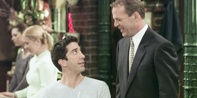 FRIENDS -- 'The One Where Ross Meets Elizabeth's Dad' Episode 21 -- Aired 4/27/2000 -- Pictured: (l-r) David Schwimmer as Ross Geller, Bruce Willis as Paul Stevens (Photo by Chris Haston/NBC/NBCU Photo Bank via Getty Images)