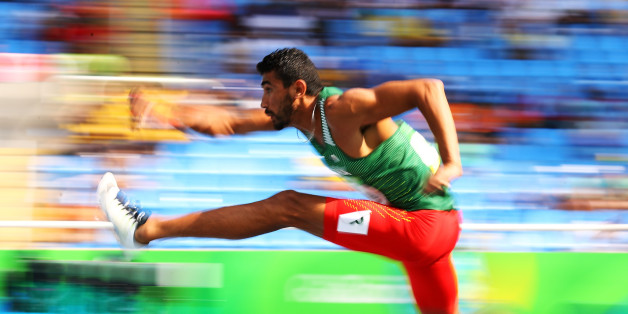 RIO DE JANEIRO, BRAZIL - AUGUST 18: Larbi Bourrada of Algeria competes in the Men's Decathlon 110m Hurdles on Day 13 of the Rio 2016 Olympic Games at the Olympic Stadium on August 18, 2016 in Rio de Janeiro, Brazil. (Photo by Ian Walton/Getty Images)