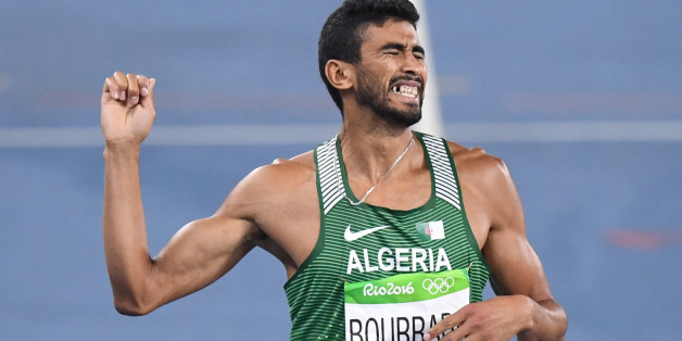 Algeria's Larbi Bourrada reacts after competing in the Men's Decathlon 400m during the athletics event at the Rio 2016 Olympic Games at the Olympic Stadium in Rio de Janeiro on August 17, 2016. / AFP / PEDRO UGARTE (Photo credit should read PEDRO UGARTE/AFP/Getty Images)
