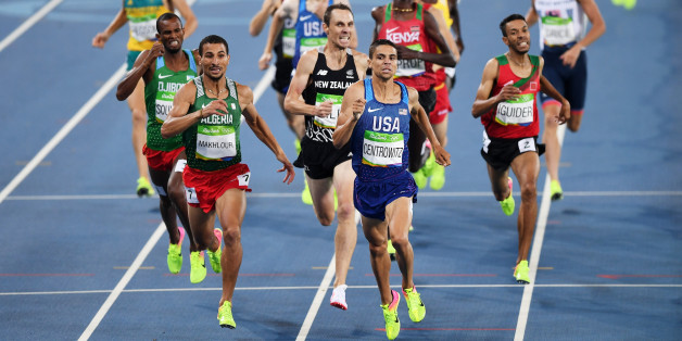 RIO DE JANEIRO, BRAZIL - AUGUST 20: Matthew Centrowitz of the United States leads Taoufik Makhloufi of Algeria during the Men's 1500 meter Final on Day 15 of the Rio 2016 Olympic Games at the Olympic Stadium on August 20, 2016 in Rio de Janeiro, Brazil. (Photo by Shaun Botterill/Getty Images)
