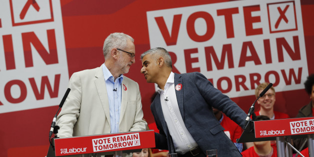 Labour Party leader Jeremy Corbyn (L) and London Mayor Sadiq Khan speak during a "Labour In for Britain" campaign event in London, Britain June 22, 2016. REUTERS/Stefan Wermuth