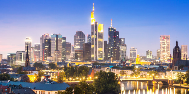 Financial district at night, Frankfurt Am Main, Hesse, Germany