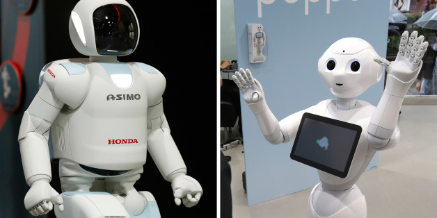 FILE - This combination of file photos taken on July 3, 2013, left, and June 6, 2014 both in Tokyo shows Japanese automaker Honda Motor Co.âs walking robot Asimo, left, and Japanese internet company SoftBank's humanoid robot Pepper. Is Asimo marrying Pepper? Honda and SoftBank said Thursday, July 20, 2016, they will work together on artificial intelligence to develop products with sensors and cameras that can converse with drivers. Asimo, first shown in 1996, walks, runs, dances and grips