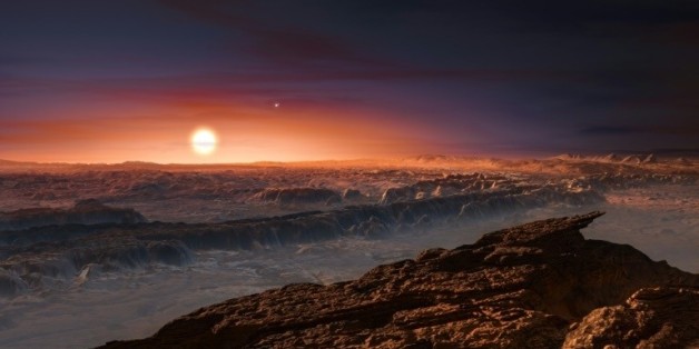 Vue d'artiste diffusée le 24 août 2016 de l'exoplanète Proxima b en orbite autour de Proxima du Centaure