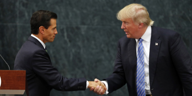 Mexico President Enrique Pena Nieto and Republican presidential nominee Donald Trump shake hands after a joint statement at Los Pinos, the presidential official residence, in Mexico City, Wednesday, Aug. 31, 2016. Trump is calling his surprise visit to Mexico City Wednesday a 'great honor.' The Republican presidential nominee said after meeting with Pena Nieto that the pair had a substantive, direct and constructive exchange of ideas.(AP Photo/Dario Lopez-Mills)