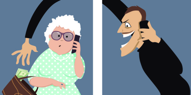 Scammer talks on a phone with a senior woman and trying to steal money out of her purse, vector illustration, no transparencies, EPS 8