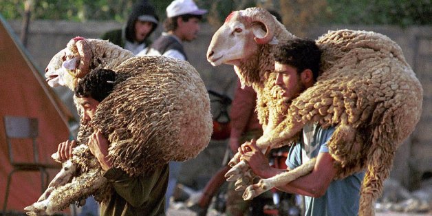 Two Moroccan men carry sheep to sacrifice them for the Muslim Eid al-Adha feast, 40 days after the end of Ramadan, in the souk of Ifriquia in Casablanca, Friday March 17, 2000. (AP Photo / Abdeljalil Bounhar)