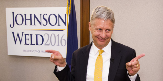 PORTLAND, ME - AUGUST 26: Former New Mexico Governor, and third party presidential candidate hopful, Gary Johnson smiles and gestures to supporters after a campaign speech at the Portland Regency Friday. Former Massachussetts Governor Bill Weld was also there. (Photo by Carl D. Walsh/Portland Press Herald via Getty Images)