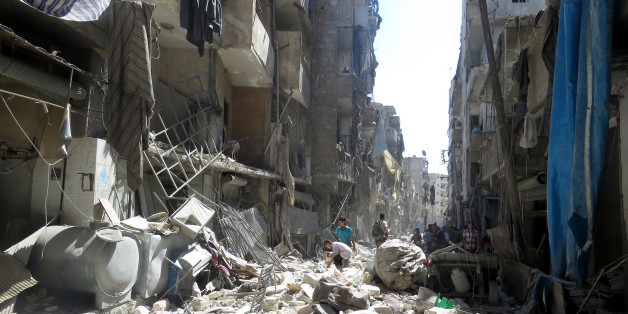 ALEPPO, SYRIA - SEPTEMBER 11: Debris of the buildings are seen after the Russian army hit the residential area with cluster bombs over opposition controlled Salihin neighborhood of Aleppo, Syria on September 11, 2016. (Photo by brahim ebu Leys/Anadolu Agency/Getty Images)