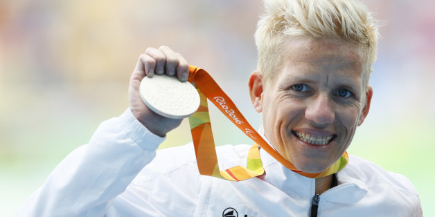 2016 Rio Paralympics - Women's 400m - T52 Final - Olympic Stadium - Rio de Janeiro, Brazil - 10/09/2016. Marieke Vervoort of Belgium celebrates with her silver medal during the presentation ceremony. REUTERS/Jason Cairnduff FOR EDITORIAL USE ONLY. NOT FOR SALE FOR MARKETING OR ADVERTISING CAMPAIGNS.