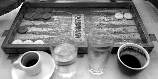 The old Tavli (backgammon) board in a kafenion (traditional cafe) Crete, Greece.