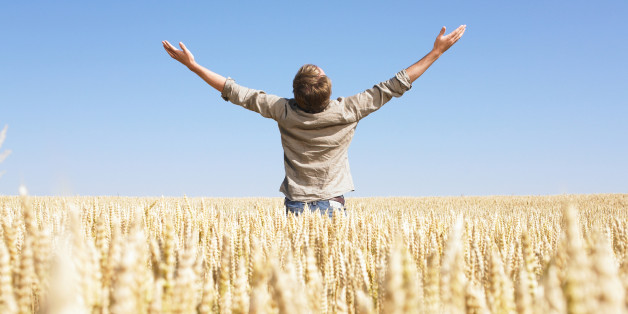 Man in Wheat Field with Arms Outstretched