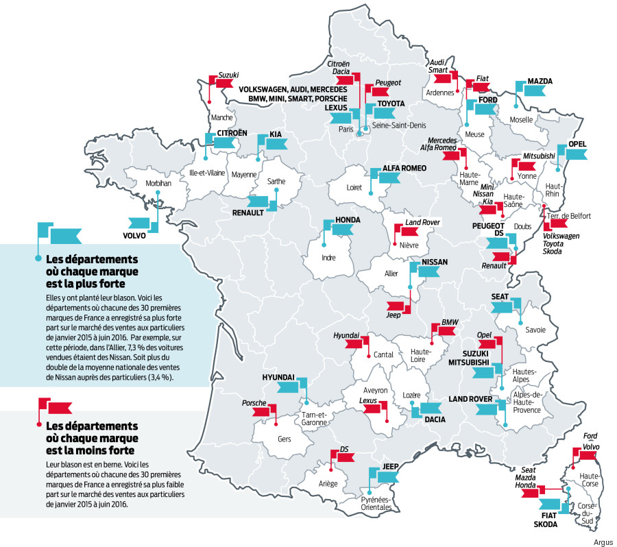 La carte des départements qui achètent le plus d'automobiles françaises (et les autres) Le