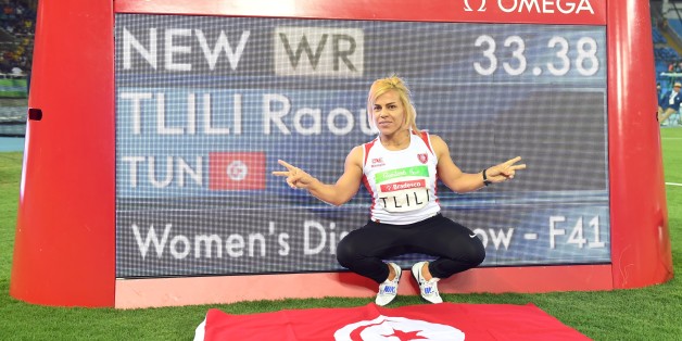 RIO DE JANEIRO, BRAZIL - SEPTEMBER 15: Raoua Tlili of Tunisia poses after she sets a new discus throw - F41 world record after the women's discus throw - F41 final during the day 8 of the Rio 2016 Paralympic Games at the Olympic stadium on September 15, 2016 in Rio de Janeiro, Brazil. (Photo by Atsushi Tomura/Getty Images for Tokyo 2020)
