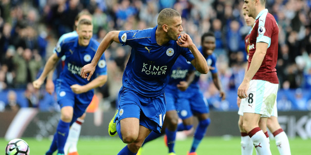 LEICESTER, ENGLAND - SEPTEMBER 17 : Islam Slimani of Leicester City celebrates his first premier league goal to make it 1-0 during the Barclays Premier League match between Leicester City and Burnley at the King Power Stadium on September 17th , 2016 in Leicester, United Kingdom. (Photo by Plumb Images/Leicester City FC via Getty Images)