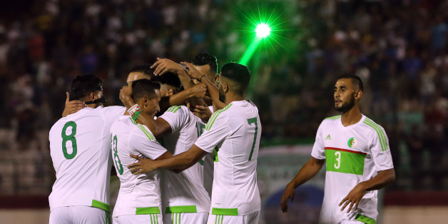 Algerian players celebrate after scoring a goal against Lesotho at the 2017 African Cup of Nations soccer qualifying match between Algeria and Lesotho stage Tchaker Mustapha Blida, Algeria 09/04/2016. (Photo by Billal Bensalem/NurPhoto via Getty Images)