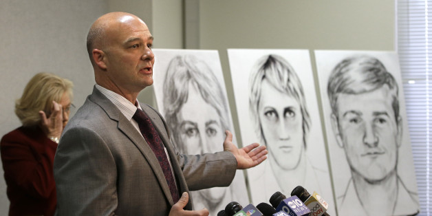 Sgt. Paul Belli, of the Sacramento County Sheriff's Department homicide bureau, gestures toward law enforcement drawings of a suspected serial killer believed to have committed at least 12 murders across California in the 1970's and 1980's at a news conference Wednesday, June 15, 2016, in Sacramento, Calif. Authorities announced a $50,000 reward for the arrest and conviction of the person that along with murder, is suspected of committing at least 45 rapes and dozens of burglaries. (AP Photo/Ric