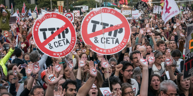 Unions, human rights and farming groups took to the streets in the Belgian capital out of concerns against the Comprehensive Economic and Trade Agreement (CETA) and the Transatlantic Trade and Investment Partnership (TTIP). Brussels, Belgium, on Septembre 20, 2016. (Photo by Aurore Belot) (Photo by Aurore Belot/NurPhoto via Getty Images)