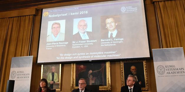 The winners of the 2016 Nobel Chemistry Prize (L-R) Jean-Pierre Sauvage, J Fraser Stoddart and Bernard L Feringa are announced by the Nobel Committee for Chemistry (L-R) Sara Snogerup Linse (Chairman)
Professor of Physical Chemistry, Permanent Secretary of the Royal Swedish Academy of Sciences Goran K Hansson and Professor Olof Ramstrom during a press conference at the Royal Swedish Academy of Sciences in Stockholm on October 5, 2016. / AFP / JONATHAN NACKSTRAND (Photo credit should read JONATHAN NACKSTRAND/AFP/Getty Images)