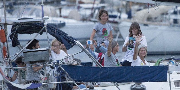 BARCELONA, SPAIN - SEPTEMBER 14: Activists of Two sailing boats, Amal-Hope and Zaytouna-Oliva, with only female activists on board, make preparations before set off for the Gaza Strip from the port of Barcelona under the banner 'The Women's Boat to Gaza' to break the Israeli blockade on Gaza on September 14, 2016 in Barcelona, Spain. (Photo by Albert Llop/Anadolu Agency/Getty Images)