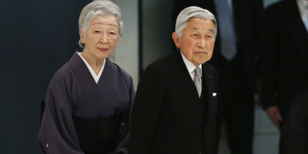 Japan's Emperor Akihito accompanied by Empress Michiko leaves during a memorial service at Nippon Budokan martial arts hall in Tokyo, Monday, Aug. 15, 2016. Japan marked Monday the 71st anniversary of the end of World War II. (AP Photo/Shuji Kajiyama)