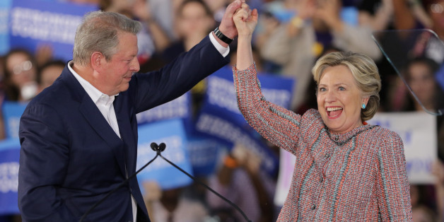 MIAMI, FL - OCTOBER 11: Democratic presidential nominee former Secretary of State Hillary Clinton and Vice President Al Gore are seen as they campaign together at the Miami Dade College - Kendall Campus, Theodore Gibson Center on October 11, 2016 in Miami, Florida. (Photo by Alexander Tamargo/WireImage)
