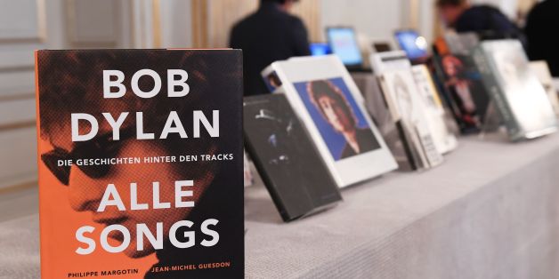 Books by US songwriter Bob Dylan who was announced the laureate of the 2016 Nobel Prize in Literature are displayed at the Swedish Academy in Stockholm, Sweden, on October 13, 2016.US songwriter Bob Dylan wins the 2016 Nobel Literature Prize. / AFP / JONATHAN NACKSTRAND (Photo credit should read JONATHAN NACKSTRAND/AFP/Getty Images)