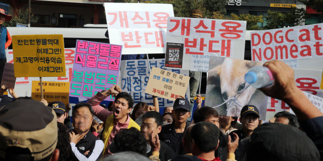 15일 오후 경기도 성남시 중원구 모란시장 앞에서 동물보호단체 '다솜' 회원 20여명이 '개 식용 반대' 등이 적힌 손팻말을 들고 집회를 하고 있다. 이에 바로 앞에서는 식용견 종사자들이 "영업 방해 말라" 등의 구호를 외치며 맞불 시위를 벌였다.