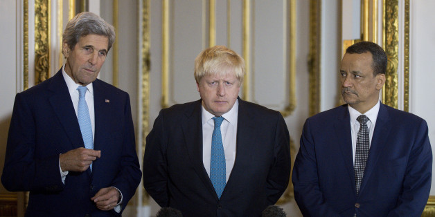 (L-R) US Secretary of State John Kerry, British Foreign Secretary Boris Johnson and UN Special Envoy for Yemen Ismail Ould Cheikh Ahmed make a joint statement on Yemen at Lancaster House in London on October 16, 2016.The United States, Britain and the UN peace envoy to Yemen today urged the warring parties in the country's civil war to declare a ceasefire within days. / AFP / JUSTIN TALLIS (Photo credit should read JUSTIN TALLIS/AFP/Getty Images)
