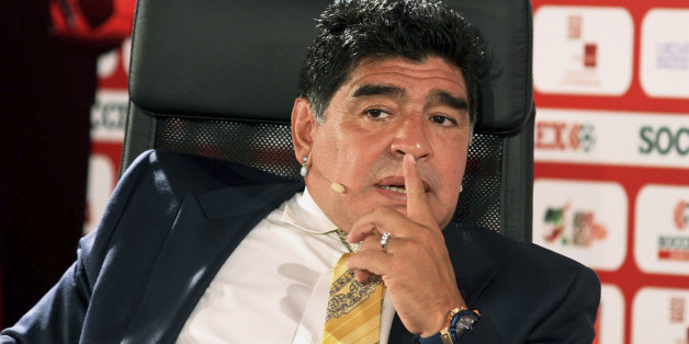 FILE - In this May 4, 2015 file photo, Argentina football legend Diego Maradona speaks on the second day of the SoccerEx Asian Forum conference in Southern Shuneh, Jordan. Journalist Victor Hugo Morales said on Twitter late Sunday, June 21, 2015 that Maradona plans to run for president of FIFA. (AP Photo/Raad Adayleh, File)